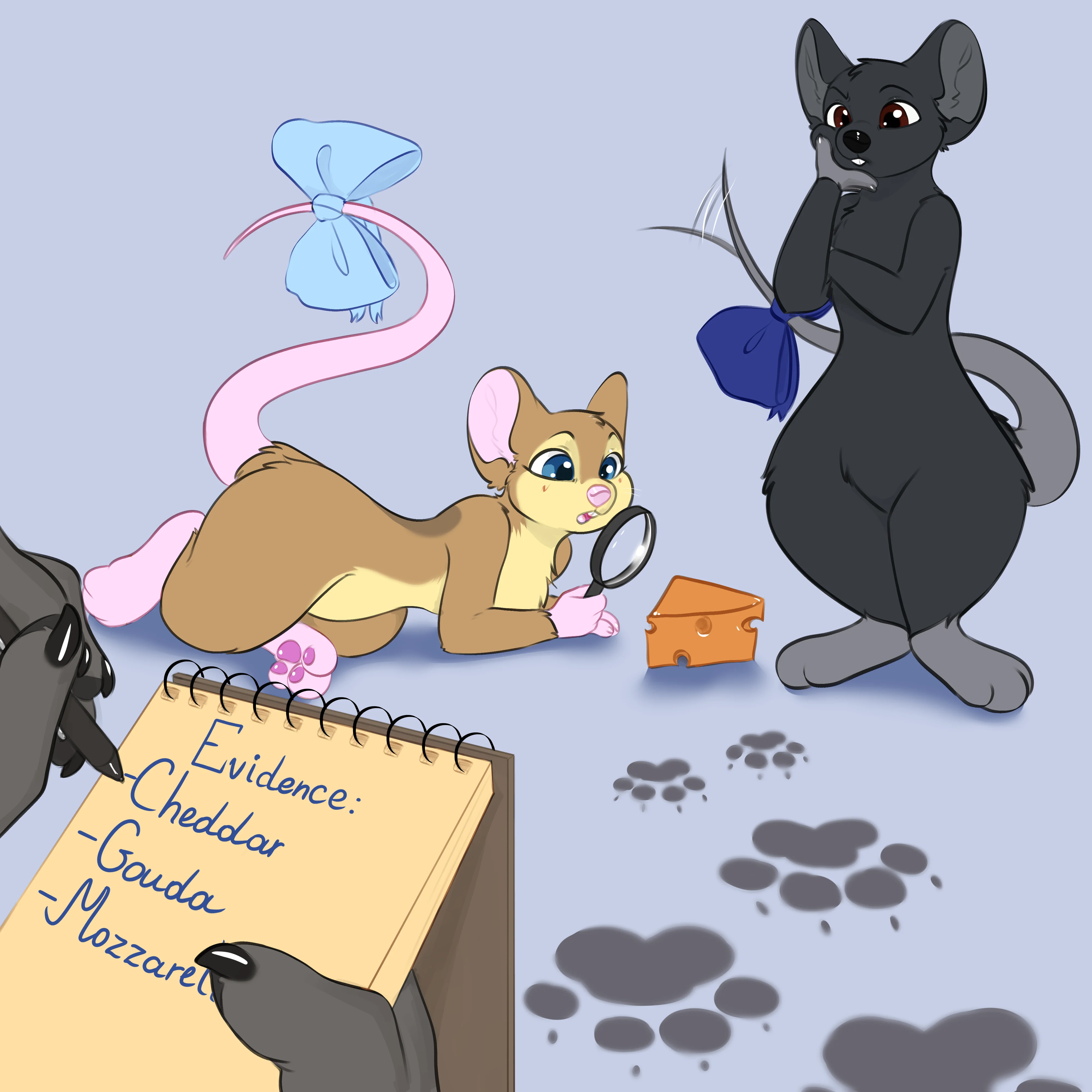 Two detectives investigate clues around a notebook