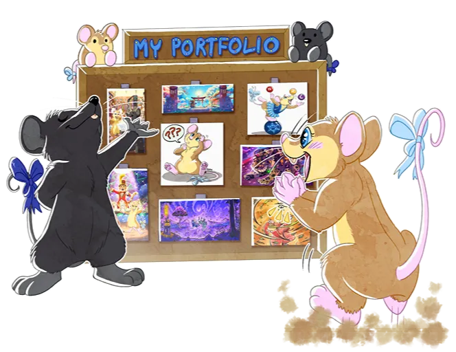 Mausie presenting their portfolio display to Iris